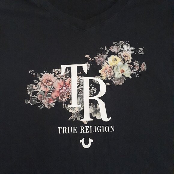 True Religion Women's Size Medium Black Bouquet Short Sleeve V Neck T-Shirt - Picture 4 of 7